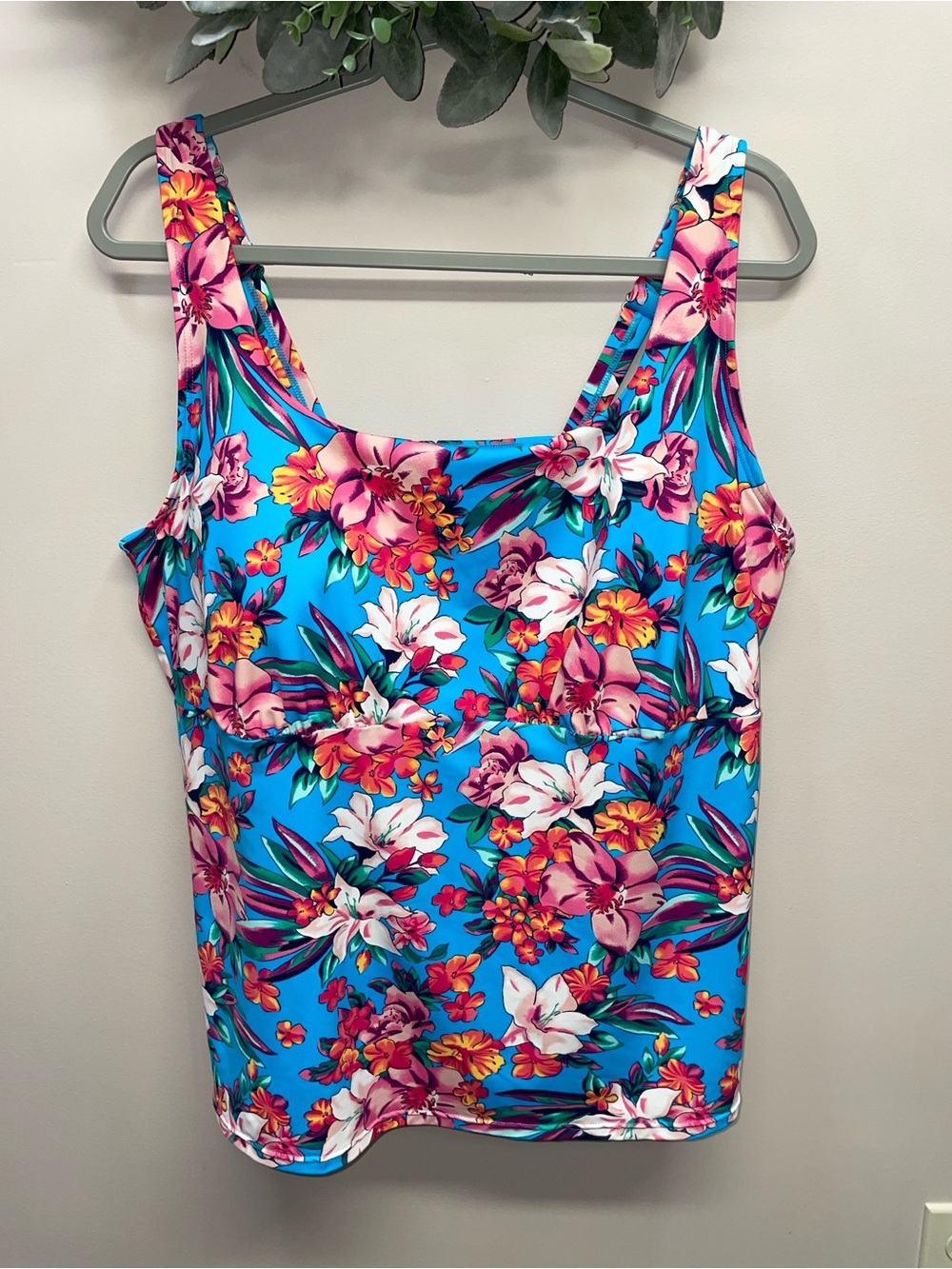 Lands’ End Square Neck Tankini Top Blue Tropical Floral Print Underwire 20W